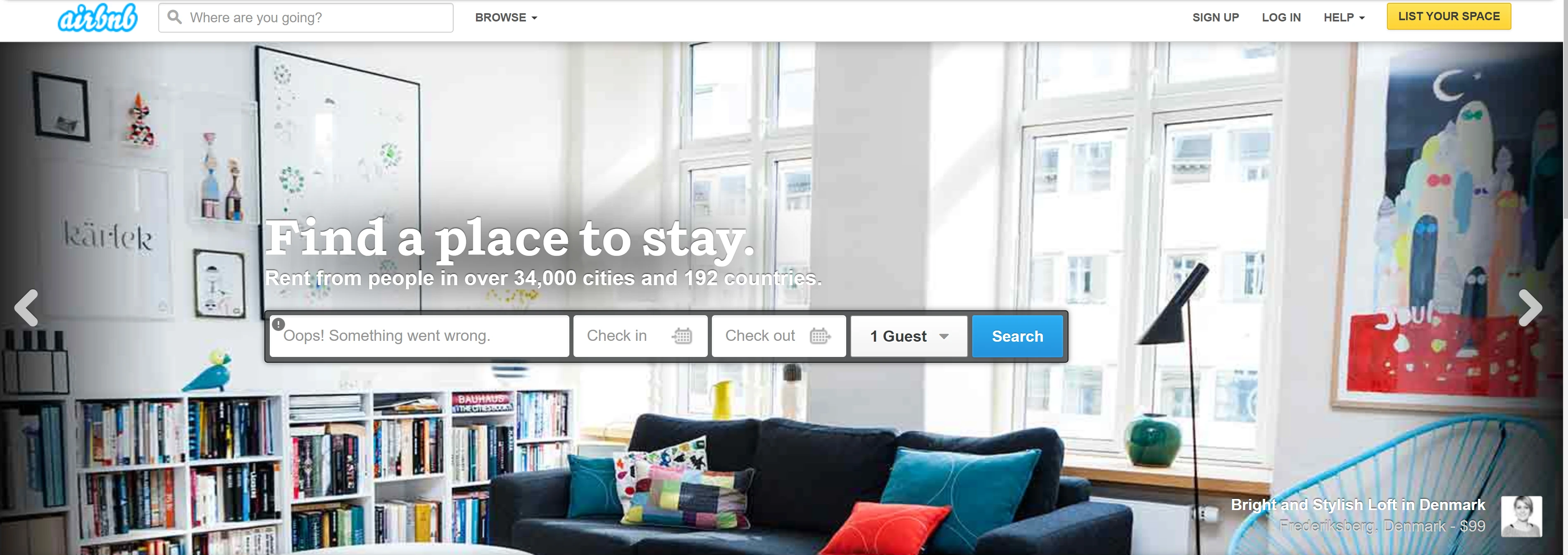 Screenshot of Airbnb homepage in 2014