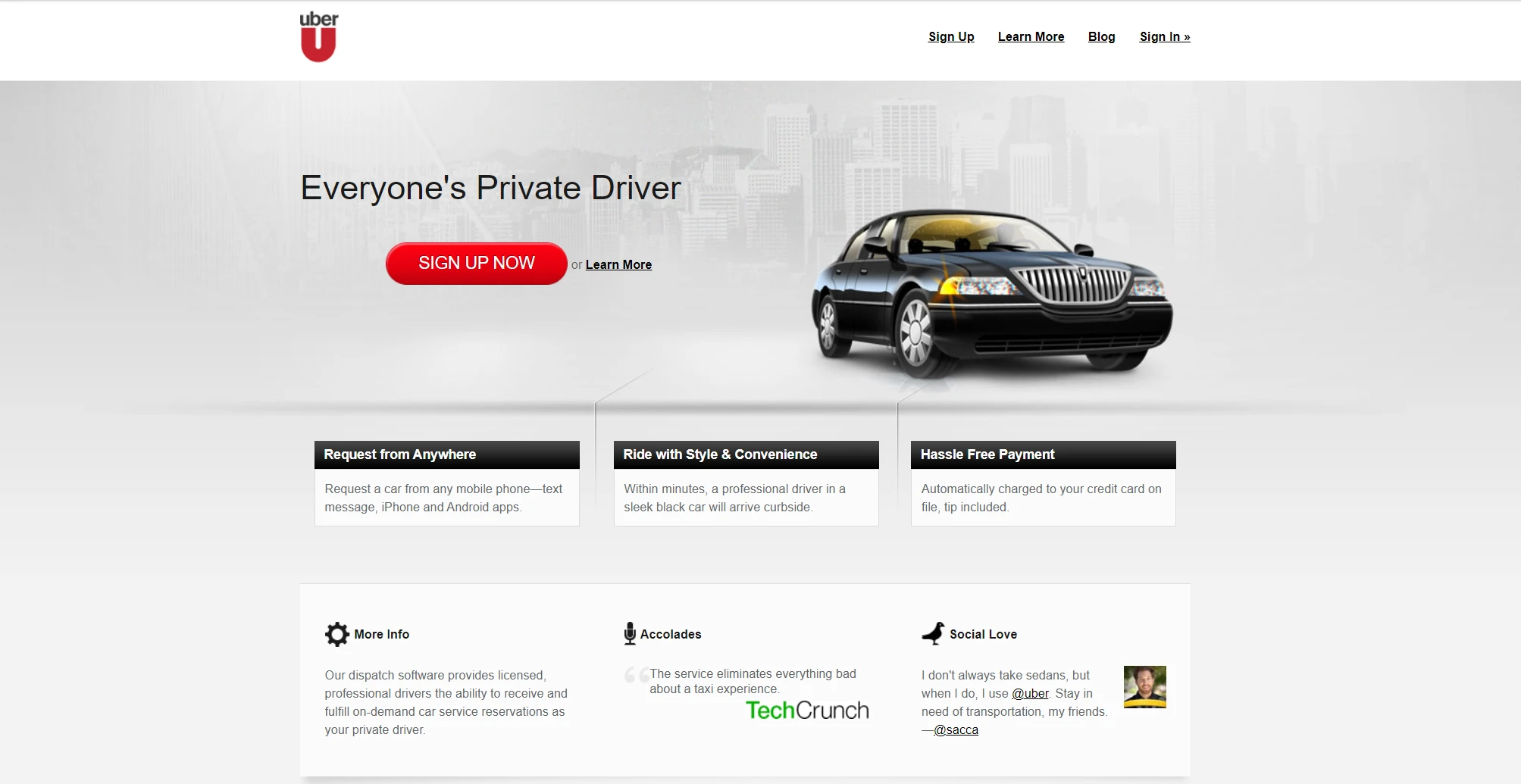 Screenshot of Uber homepage in 2011