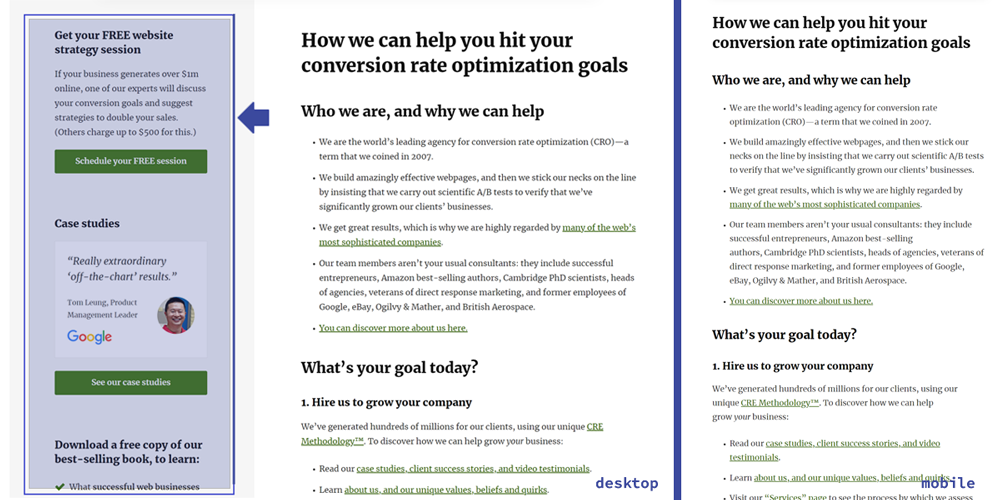 Conversion rate experts. Desktop view (right) vs Mobile view (light)